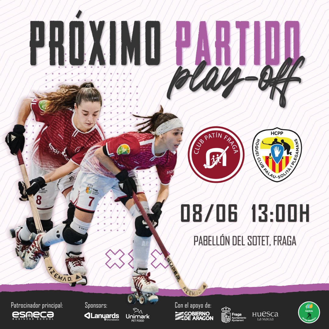 🔥 PRÓXIMO PARTIDO PLAY OFF🔥

🏒 CP Esneca Fraga 🆚 @hoqueiclubpalau 🏒

📆 DÍA: Sábado 8 de junio.
🕗 HORA: 13:00h.
📍 LUGAR: Pabellón del Sotet, Fraga.

¡A toda la afición, os necesitamos más que nunca! ¡Llenemos el Sotet! ❤️

<a href="/FragaAyto/">Ayuntamiento Fraga</a>
<a href="/ESNECA/">ESNECA Business Sch.</a>
@hockeymania
<a href="/AzemadSport/">AZEMAD SPORT</a>