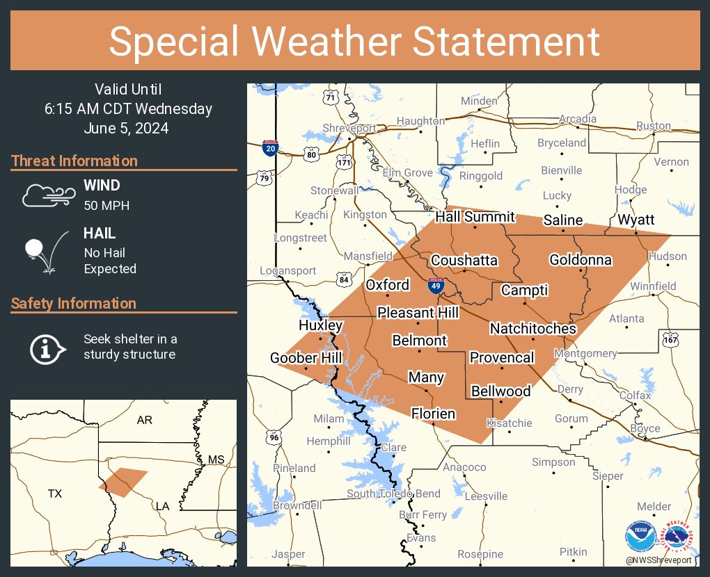 A special weather statement has been issued for Natchitoches LA, Many LA and Coushatta LA until 6:15 AM CDT