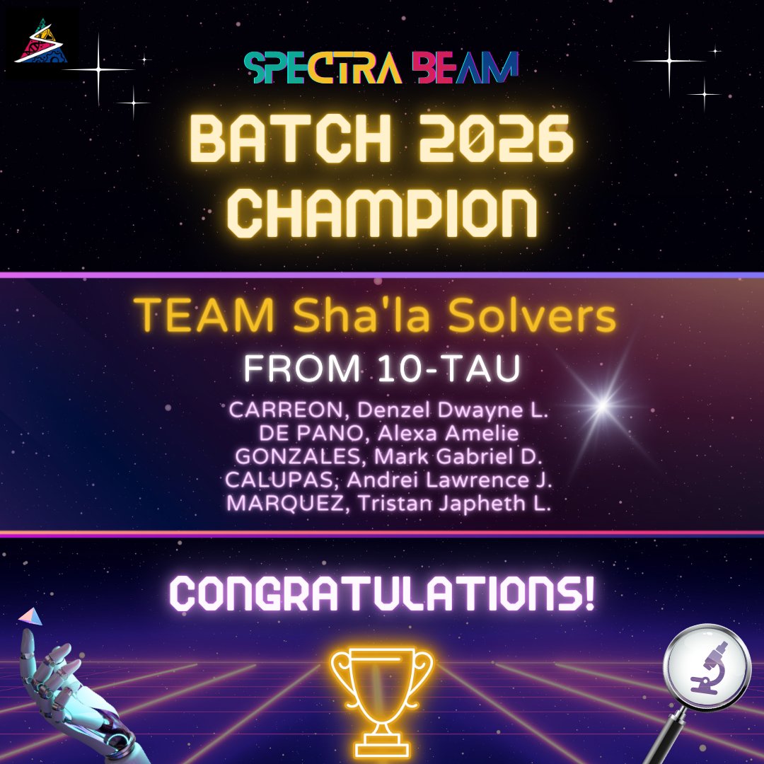SPECTRABEAM_'s tweet photo. GRADE 10
Team Sha'la Solvers from 10 - Tau
CARREON, Denzel Dwayne L.
DE PANO, Alexa Amelie 
GONZALES, Mark Gabriel D.
CALUPAS, Andrei Lawrence J.
MARQUEZ, Tristan Japheth L. https://t.co/8cQHgUIgsV
