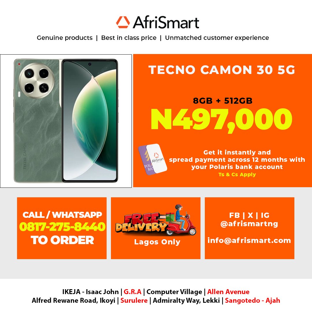 AfrismartNg's tweet image. #Afrismart #ShopSmart #LagosShopping #Retail #Afrismart #TecnoCamon30 #SmartphoneRevolution

PRICES ARE SUSCEPTIBLE TO CHANGE, ALWAYS RECONFIRM

Reach us via DM via IG or WhatsApp. Messages Only: 08172758440