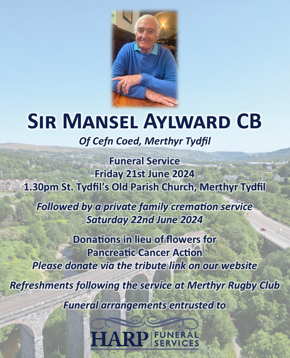 My Dad, Sir Mansel Aylward My Hero ♥️

Sharing Funeral arrangements for friends and colleagues who may wish to attend 

<a href="/BevanCommission/">Bevan Commission</a> <a href="/cardiffuni/">Cardiff University</a> <a href="/lshubwales/">Life Sciences Hub Wales</a> <a href="/PublicHealthW/">Public Health Wales</a> <a href="/WGHealthandCare/">Welsh Government Health and Social Care</a>