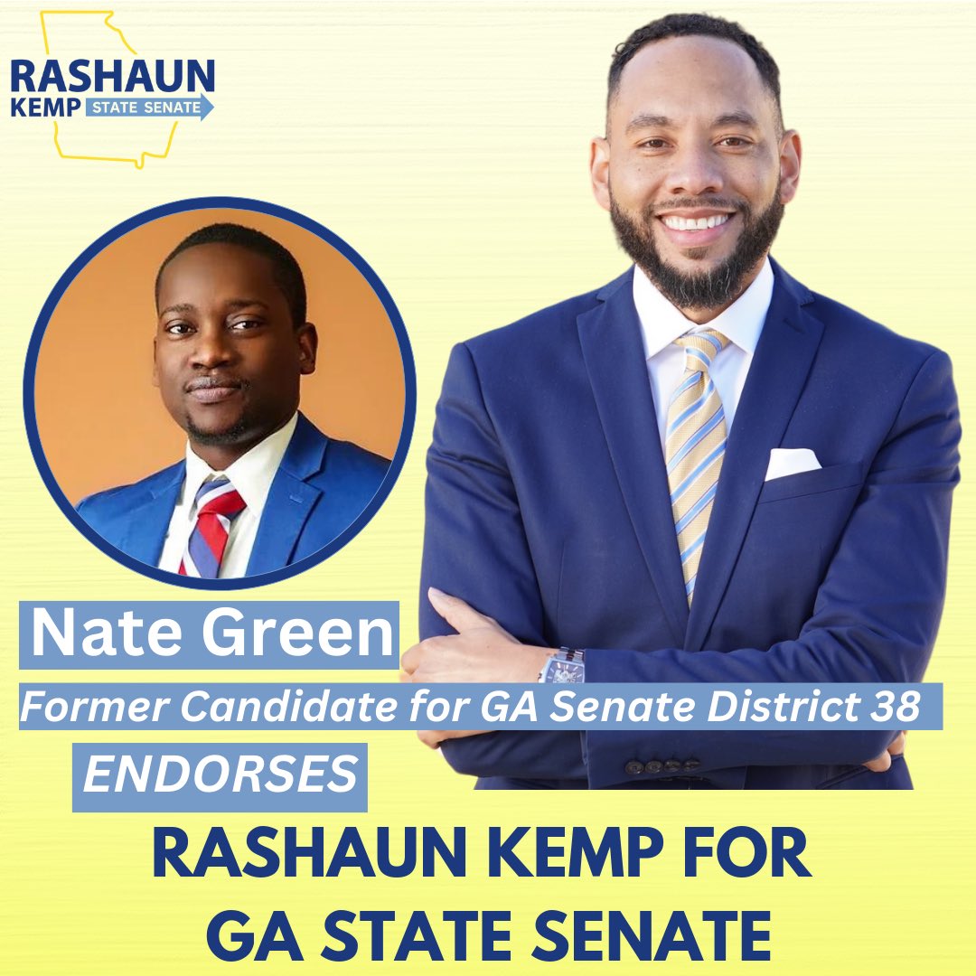 RashaunKemp's tweet photo. I have now earned the support of the two next highest vote earners. This speaks volumes and I am grateful. Let’s make history June 18th! #SenateRunoff #GaPol #RashaunForSenate38 https://t.co/g3CSHYy9W2