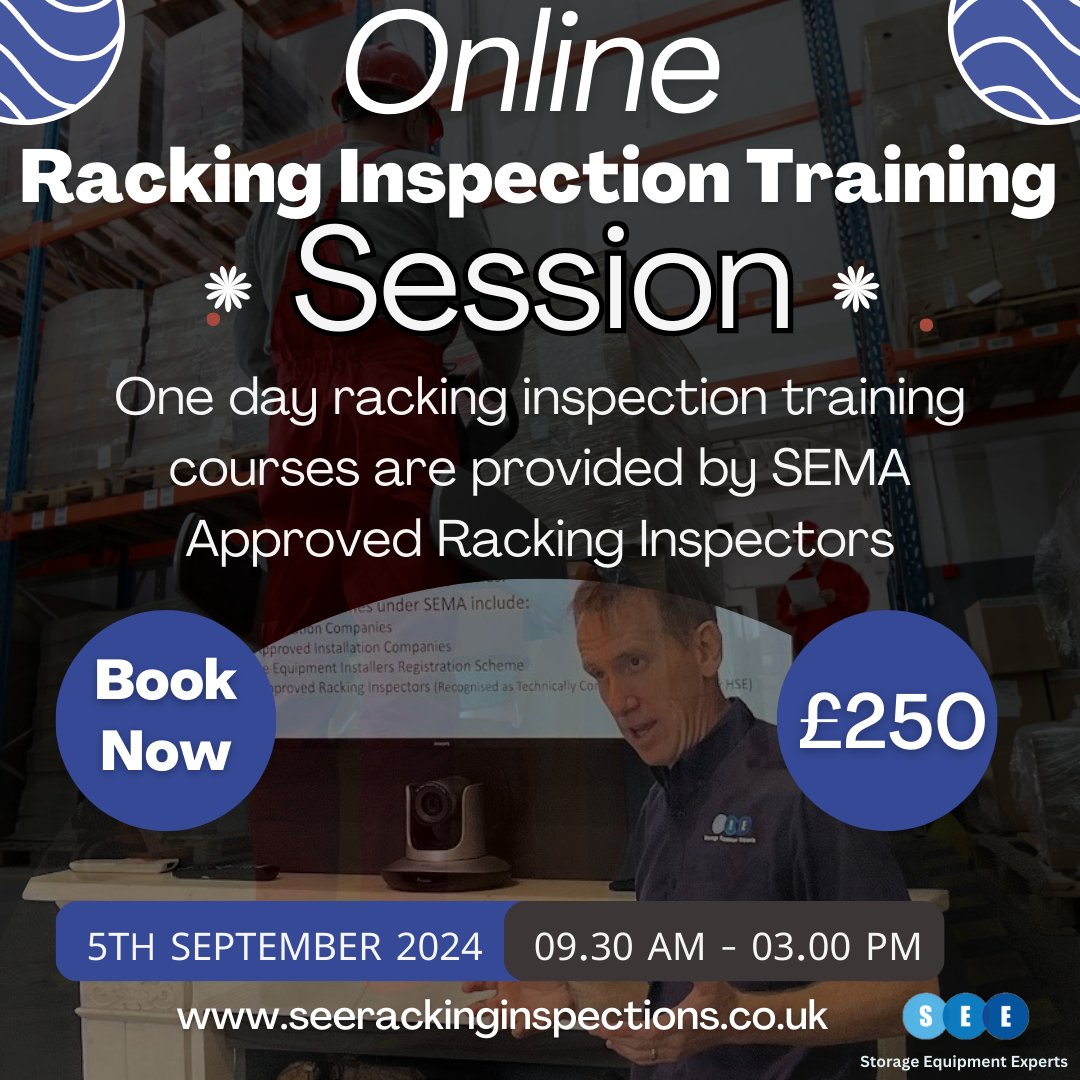 _see_racking's tweet image. One day racking inspection training courses are provided by SEMA Approved Racking Inspectors,

Racking Inspection Training Online Session!!

5th September 2024
09.30 am - 03.00 pm

Book Now Just £250

seerackinginspections.co.uk/training-cours…

#trainingsession #onedaytraining #sema #racktraining