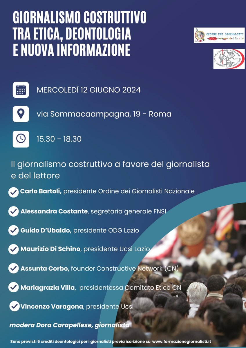 Copercom (@copercom) on Twitter photo La sfida del giornalismo costruttivo
Il 12 giugno corso di formazione nella sede nazionale dell’<a href="/ODG_CNOG/">Ordine Nazionale dei Giornalisti</a> a Roma. È organizzato in collaborazione con <a href="/odglazio/">OdG Lazio</a> e <a href="/UcsiSocial/">Ucsi Social</a>
Clicca qui: lc.cx/LlOL75
<a href="/vivar/">Vincenzo Varagona</a> <a href="/mauridischino/">Maurizio Di Schino</a>
<a href="/FnsiSocial/">FNSI</a> <a href="/ConstructiveNet/">Constructive Network</a> La sfida del giornalismo costruttivo
Il 12 giugno corso di formazione nella sede nazionale dell’<a href="/ODG_CNOG/">Ordine Nazionale dei Giornalisti</a> a Roma. È organizzato in collaborazione con <a href="/odglazio/">OdG Lazio</a> e <a href="/UcsiSocial/">Ucsi Social</a>
Clicca qui: lc.cx/LlOL75
<a href="/vivar/">Vincenzo Varagona</a> <a href="/mauridischino/">Maurizio Di Schino</a>
<a href="/FnsiSocial/">FNSI</a> <a href="/ConstructiveNet/">Constructive Network</a>