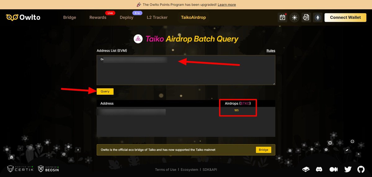 DigiTektrades's tweet image. $TAIKO Airdrop is less than 2 hours.
(Check your allocation if you haven&apos;t)

Do this NOW to stay prepared.
👉Go to owlto, Click cutt.ly/GwJiz3Su 
👉Bridge any amount ($2 ore more) from any L2 to Taiko

If you haven&apos;t checked your allocation, here is a step:
👉Click…