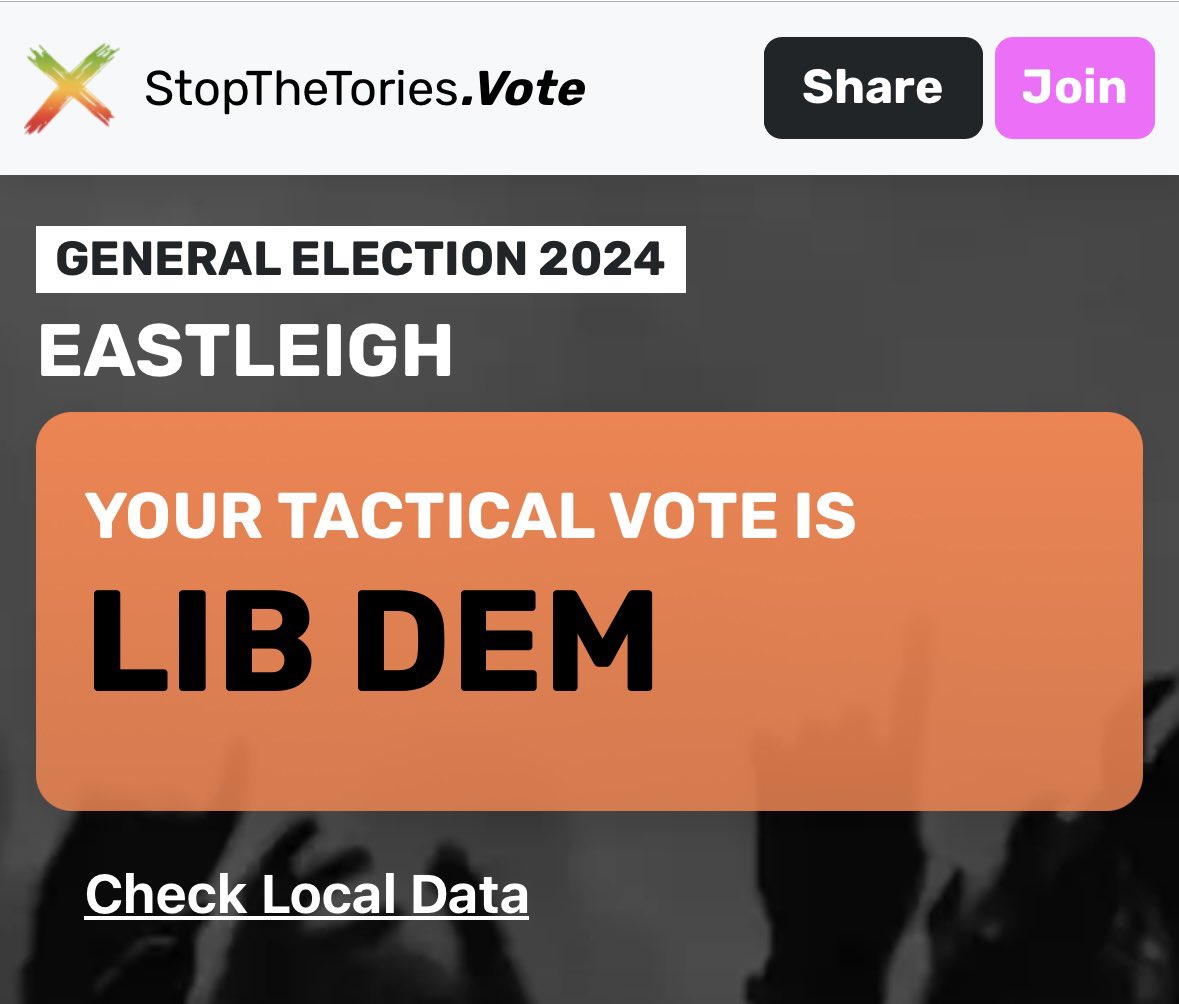 It’s official! <a href="/GetTheToryOut/">STOPTHETORIES.VOTE 🟥🟧🟩</a> <a href="/MVTFWD/">The Movement Forward | StopTheTories.vote</a> confirms that if you want to get the Tories out in Eastleigh at the GE the tactical vote is for the <a href="/LibDems/">Liberal Democrats</a>. If you want to elect a hard working MP who will always stand up for our community in Westminster, the vote is also <a href="/LibDems/">Liberal Democrats</a> 😉