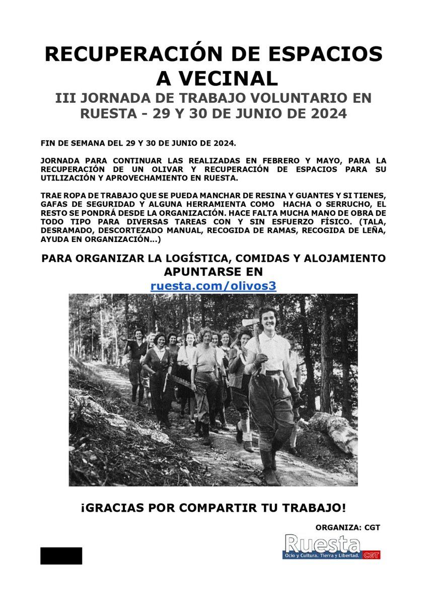 RuestaVivaCGT's tweet photo. 📢 Ya están aquí! Ya llegan las III Jornadas de Voluntariado en Ruesta los días 29 y 30 de junio!

⚫🔴 Apúntate en https://t.co/OflCUWaeIE https://t.co/opyKb0YmmS