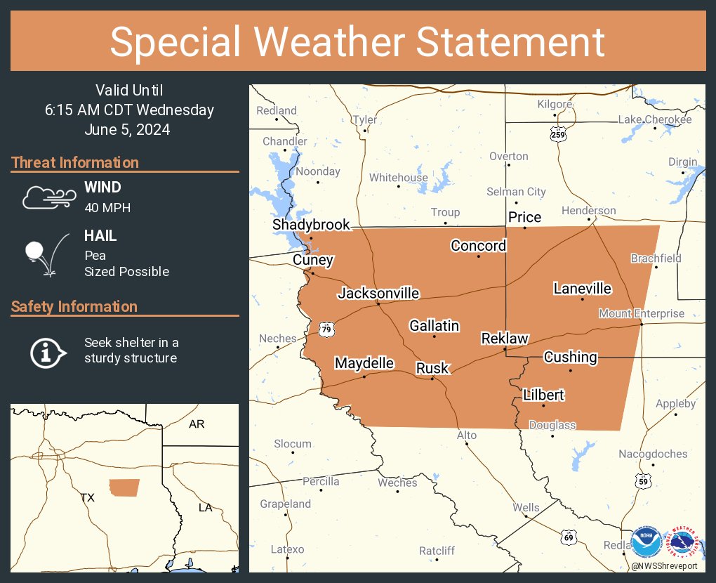 A special weather statement has been issued for Jacksonville TX, Rusk TX and Shadybrook TX until 6:15 AM CDT