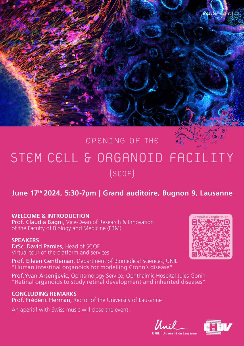 DNF_neuro's tweet image. The UNIL FBM is inaugurating a new technology platform Based at the DNF, the SCOF (Stem Cell & Organoid Facility) - for research using stem cells and organoids. Don't miss the date: June 17th, Lausanne #organoid #StemCell
