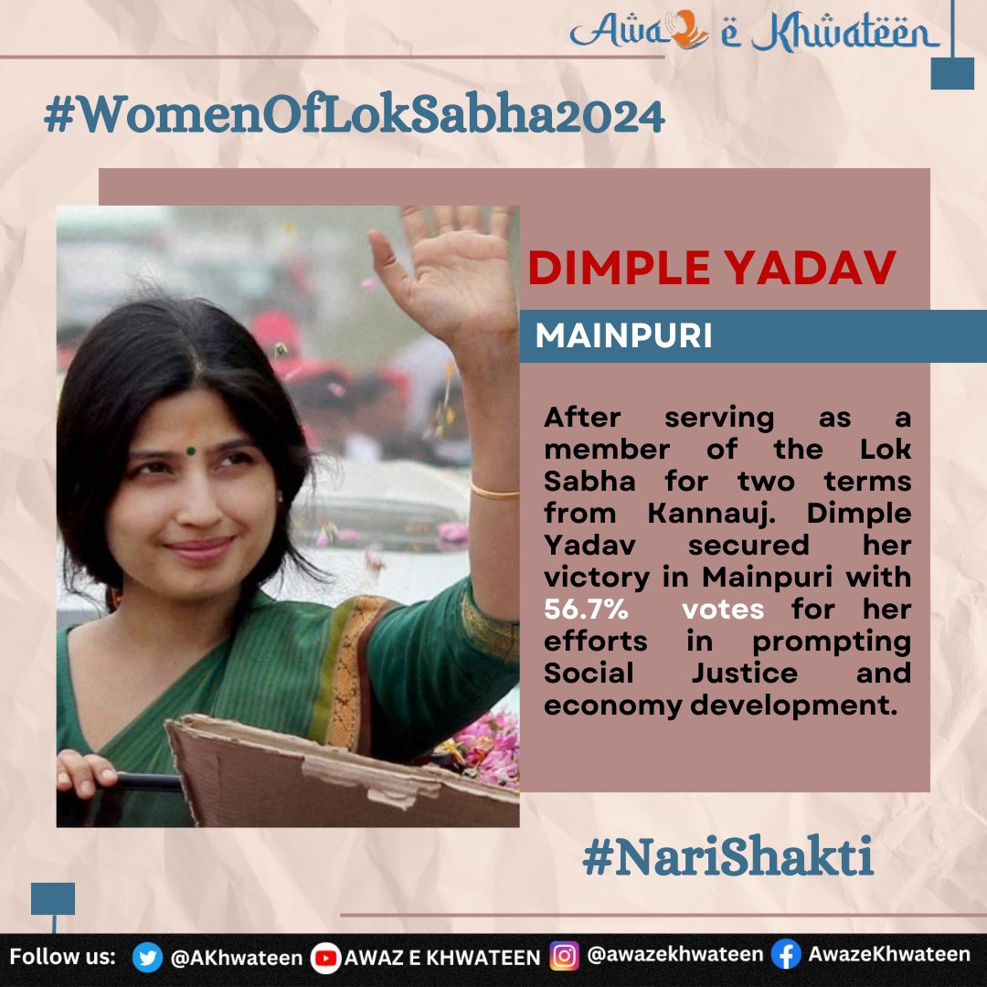 #AwazeKhwateen extends heartfelt Congratulations to the <a href="/dimpleyadav/">Dimple Yadav</a>  for emerging Victorious in the #lokbasabhaelections2024. Your triumph is a significant milestone in empowering women and ensuring their representation in Indian politics.  

#नारीशक्तिकोसलामलता #ElectionVictory
