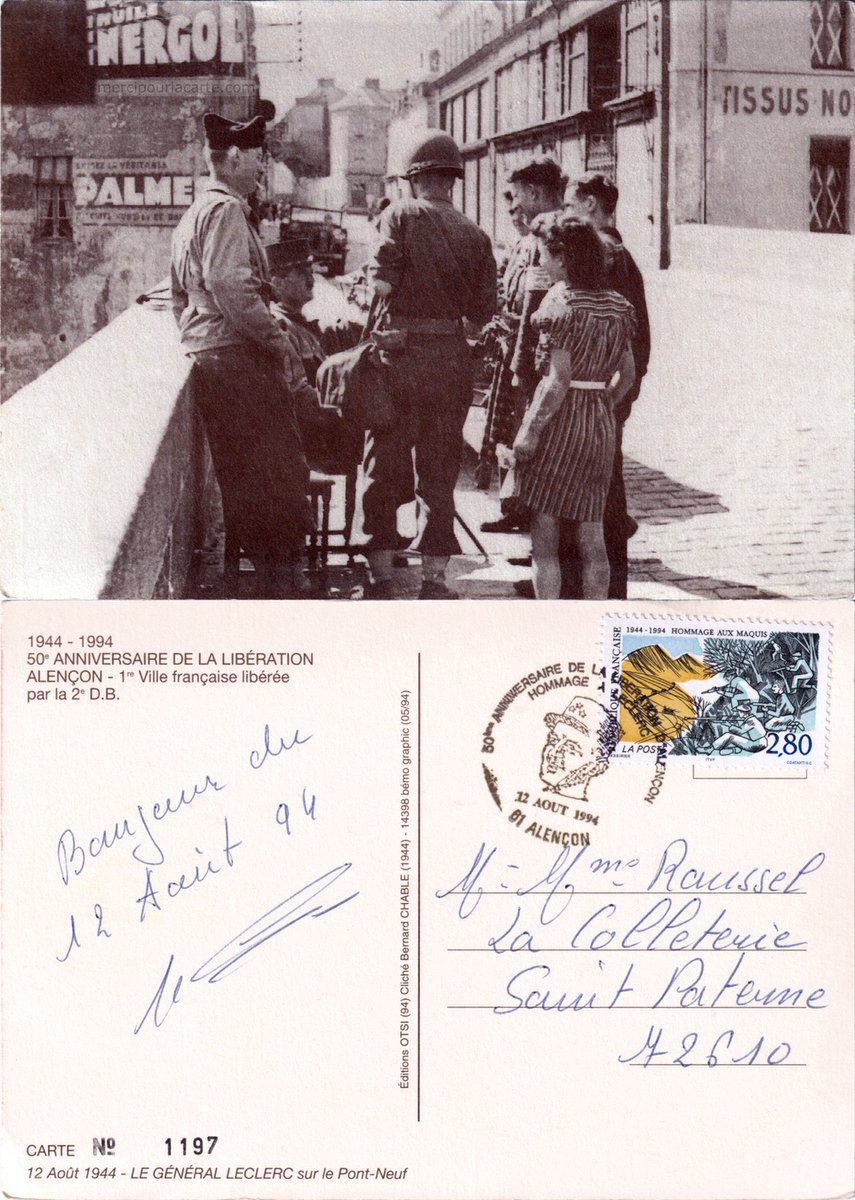 mercipourlacart's tweet photo. Alençon 12 Août 1944
Le Général Leclerc sur le Pont-Neuf

Voir https://t.co/kxIGHWPwAJ

Éditions OTSI 1994
Cliché Chable 1944

#2èmeGuerreMondiale #Alençon #Alencon #GénéralLeclerc #GeneralLeclerc #Libération #Liberation #LaLibération #LaLiberation #Orne #WW2
#CartePostale https://t.co/y67L73rScW