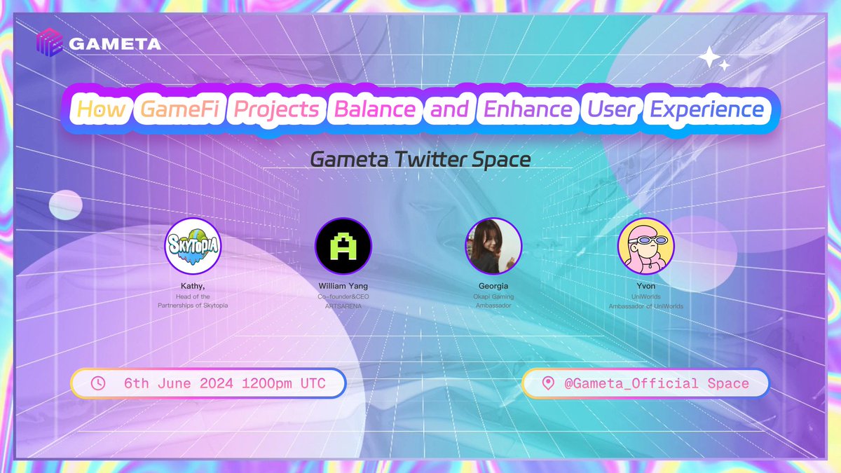 Gameta_Official's tweet photo. 🚀 Join us for a #TwitterAMA!
📅 Date: June 6th (Thursday)
🕛 Time: 12:00 PM UTC
📍 Venue: Gameta Twitter Space
🎮 Topic: How GameFi Projects Balance and Enhance User Experience
Link: https://t.co/vpDOpspqDl
🎙️ Special guests from @SkytopiaLabs, @artsarenaio, @OkapiGamingWeb3 and @UniWorldsClub !
#GameFi #p2e #AMA #web3