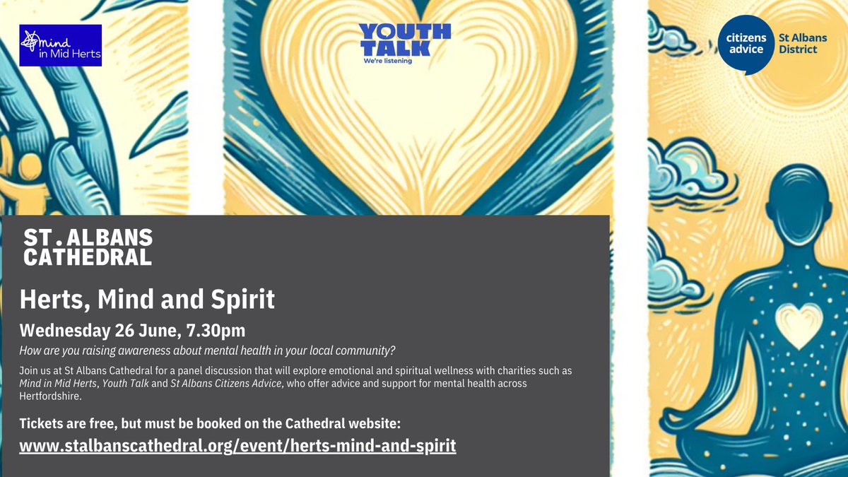 Youth Talk (@youth_talk_sa) on Twitter photo We're delighted to be a part of <a href="/StAlbansCath/">St Albans Cathedral</a>'s Herts Mind and Spirit event.
Explore emotional and spiritual wellness with a panel of like-minded, knowledgeable community members from <a href="/CAStAlbans/">CA St Albans</a>, <a href="/MindInMidHerts_/">Mind in Mid Herts</a> and our own <a href="/YouthTalkCEO/">Youth Talk CEO</a>.
Free tickets: stalbanscathedral.org/event/herts-mi… We're delighted to be a part of <a href="/StAlbansCath/">St Albans Cathedral</a>'s Herts Mind and Spirit event.
Explore emotional and spiritual wellness with a panel of like-minded, knowledgeable community members from <a href="/CAStAlbans/">CA St Albans</a>, <a href="/MindInMidHerts_/">Mind in Mid Herts</a> and our own <a href="/YouthTalkCEO/">Youth Talk CEO</a>.
Free tickets: stalbanscathedral.org/event/herts-mi…