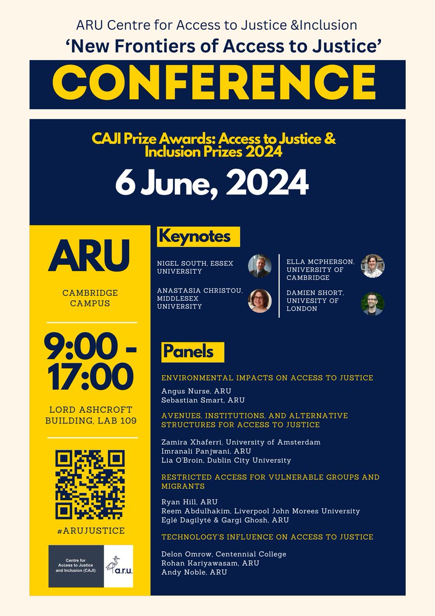 Join us at the CAJI Conference 2024 on New Frontiers of Access to Justice! 📅 Thursday, 6 June, 9am 📍 ARU Cambridge Campus, LAB 109. Don't miss out on this important event. Register now: eventbrite.co.uk/e/annual-confe… #ARUJustice  #Cambridge