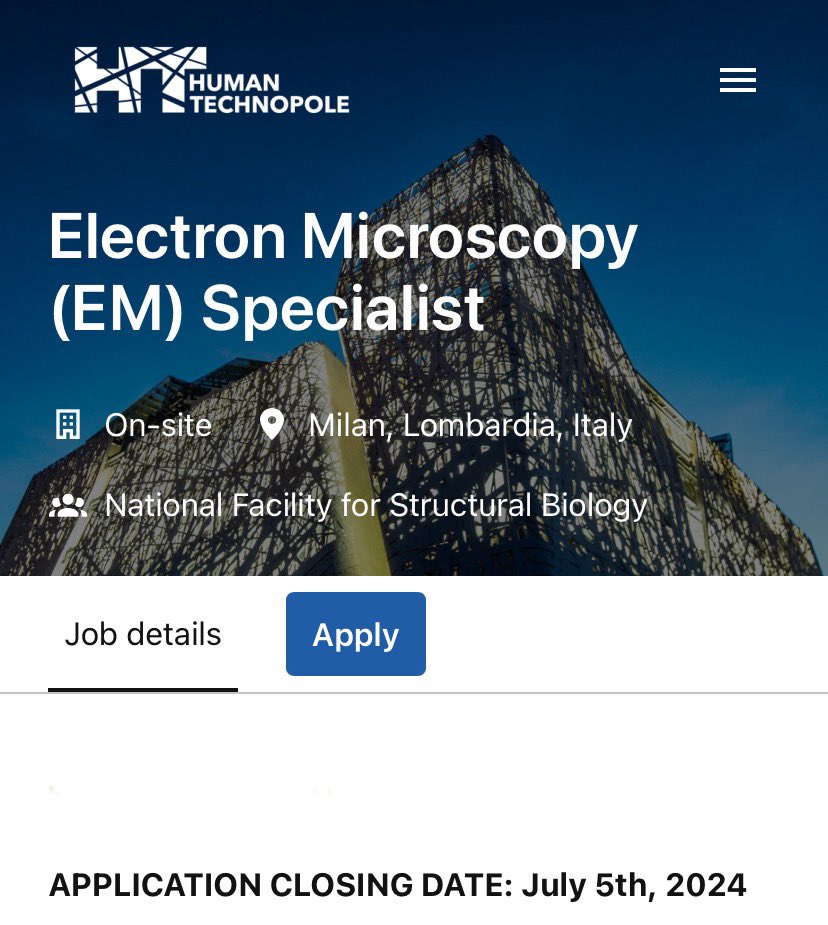 Paolo Swuec (@ps_cryoem) on Twitter photo Our TEaM is growing! We are looking for an EM Specialist with expertise in Volume EM applications 🦠🔬🧫 to join the CryoEM Unit at Human Technopole. Ask here or DM me!
INFO and APPLY 👌: careers.humantechnopole.it/o/electron-mic… Our TEaM is growing! We are looking for an EM Specialist with expertise in Volume EM applications 🦠🔬🧫 to join the CryoEM Unit at Human Technopole. Ask here or DM me!
INFO and APPLY 👌: careers.humantechnopole.it/o/electron-mic…