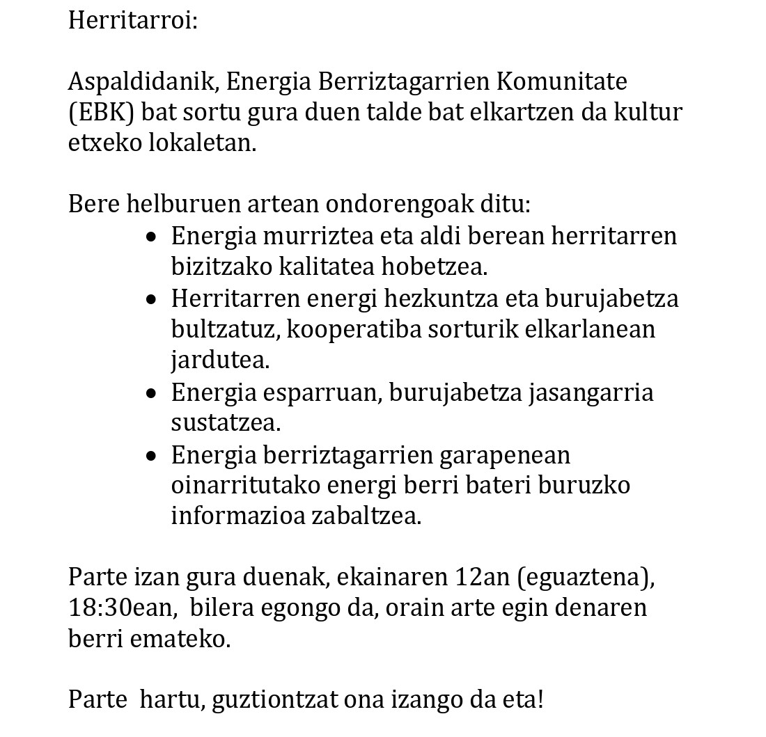 BermeokoUdala's tweet image. Energia Berriztagarrien Komunitate (𝐄𝐁𝐊) 𝐛𝐚𝐭 𝐬𝐨𝐫𝐭𝐮 gura duen talde bat lanean ari da Bermeon, eta 𝐛𝐢𝐥𝐞𝐫𝐚 egingo dute; 𝐆𝐢𝐳𝐚𝐫𝐭𝐞 𝐞𝐭𝐚 𝐊𝐮𝐥𝐭𝐮𝐫𝐚 𝐄𝐭𝐱𝐞𝐚𝐧 batuko dira, 𝐞𝐤𝐚𝐢𝐧𝐚𝐫𝐞𝐧 𝟏𝟐𝐚𝐧 (eguaztena), 𝟏𝟖:𝟑𝟎𝐞𝐚𝐧. Animatu!

#Bermeo #EBK