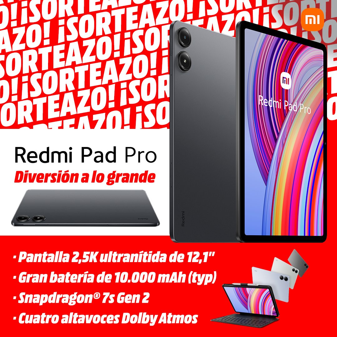 MediaMarkt_es's tweet photo. 🔥 SORTEAMOS 🎆la NUEVA Xiaomi #RedmiPadPro 🤩 Para que tú también disfrutes a lo grande❤️ Flipa con su pantalla, potencia y rendimiento👏

1⃣Síguenos y a @XiaomiEspana 
2⃣Comenta con #RedmiPadProMM ¿Para qué la utilizarás?

Consíguela ya 👉https://t.co/RvTPc08Yxs
⏰Hasta 11/6🎊 https://t.co/ZVGFNiCsck