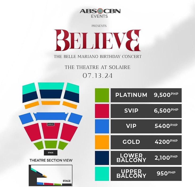 Join and BE with <a href="/bellemariano02/">Belle Mariano</a> for a concert party that you shouldn't miss!  This July 13, 2024 at the Theatre at Solaire! 

Official tickets will be available on June 7 at 6 PM via premier.ticketworld.com.ph 

Save the date everyone! See you! 

#BELIEVETheConcert
#BelleMariano