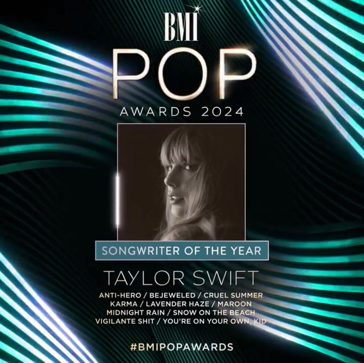TheSwiftSociety's tweet photo. 🏆| Taylor Swift has won "Songwriter of the Year" at the 2024 BMI Pop Awards. https://t.co/ECQWCzCcBd