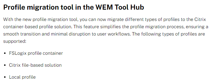 Citrix WEM Tool Hub profile migration tool < migrate different types of profiles to the Citrix container-based profile solution docs.citrix.com/en-us/workspac…