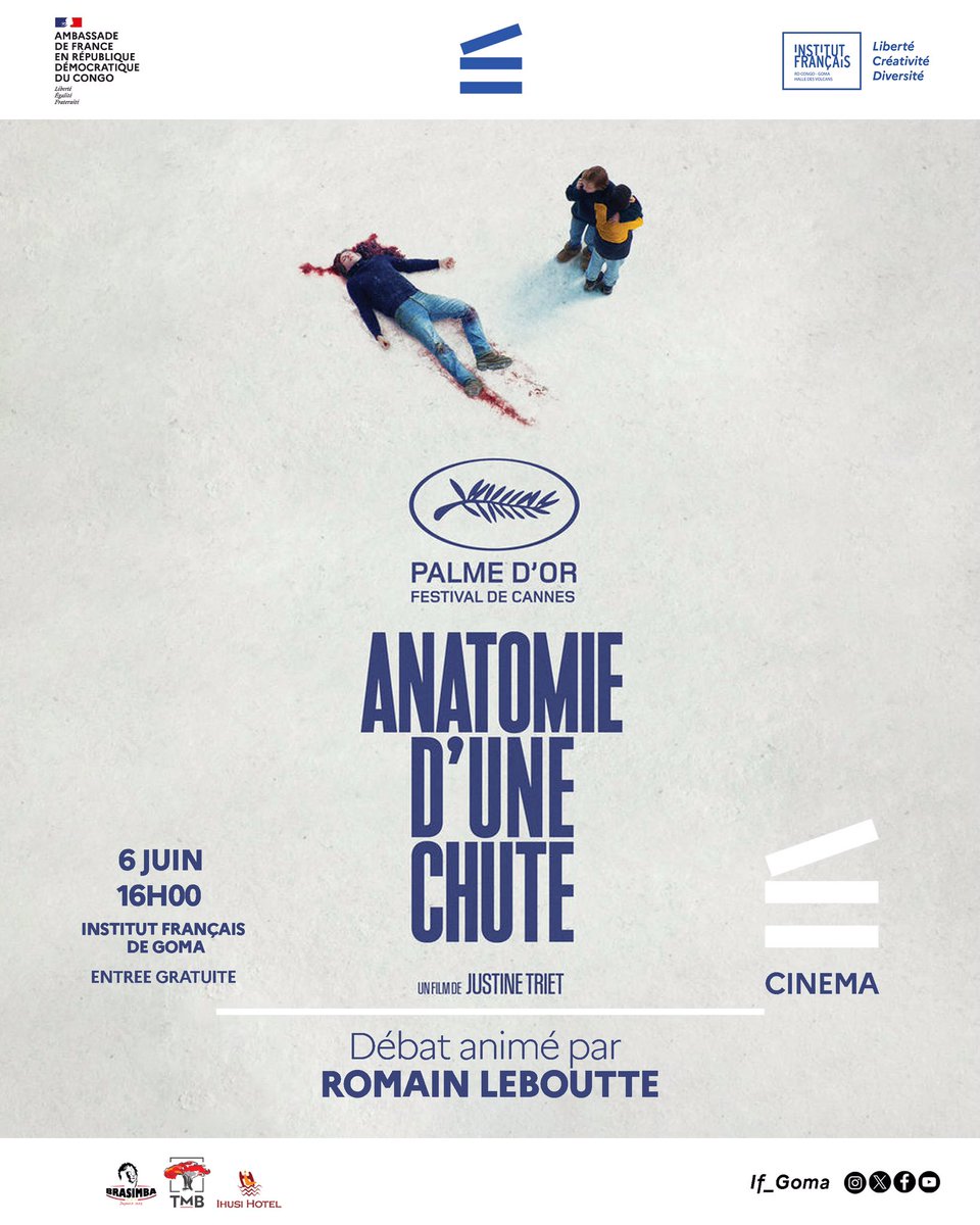🎬 Événement à ne pas manquer à l'Institut Français ! 🌟
Plongez au cœur du drame avec "Anatomie d'une chute", le chef-d'œuvre de Justine Triet, Palme d'Or à Cannes 2023 ! 📽️✨
📅 Date : 6 juin
⏰ Heure : 16h00
📍 Lieu : Institut Français
🎟️ Entrée libre !

Karibu 🍿🎉