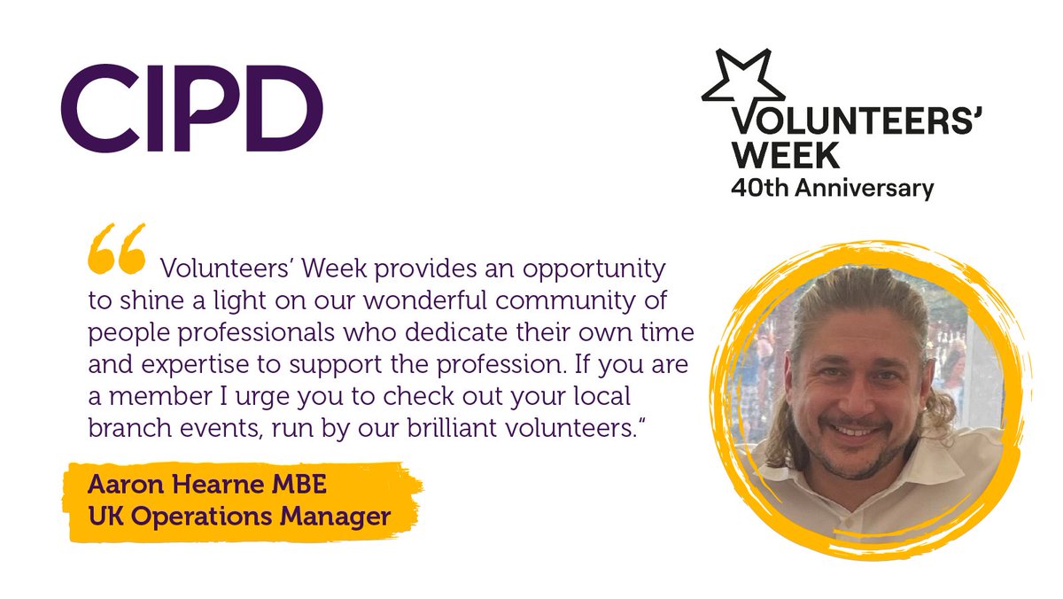 Continuing the celebration of 40 Years of Volunteers' Week at the CIPD ⭐

Nearly 1,000 CIPD members across the UK are dedicating their time to host inspiring learning and networking events for local communities of people professionals 🏡

Including our very own Aaron Hearne MBE