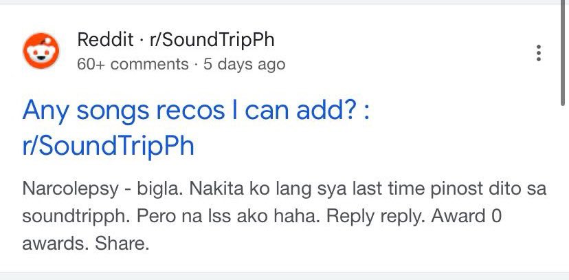 narcolepsyph's tweet photo. Di namin alam bat napupunta sa reddit yung kanta namin 👀 

Pero thank you so so much (Claudine Baretto Accent)

——
🔴🟠🟡🟢🔵🟣

#Narcolepsy! 
#Bigla
#Reddit
#Spotify
#OPM https://t.co/3KVcg8Ve1q