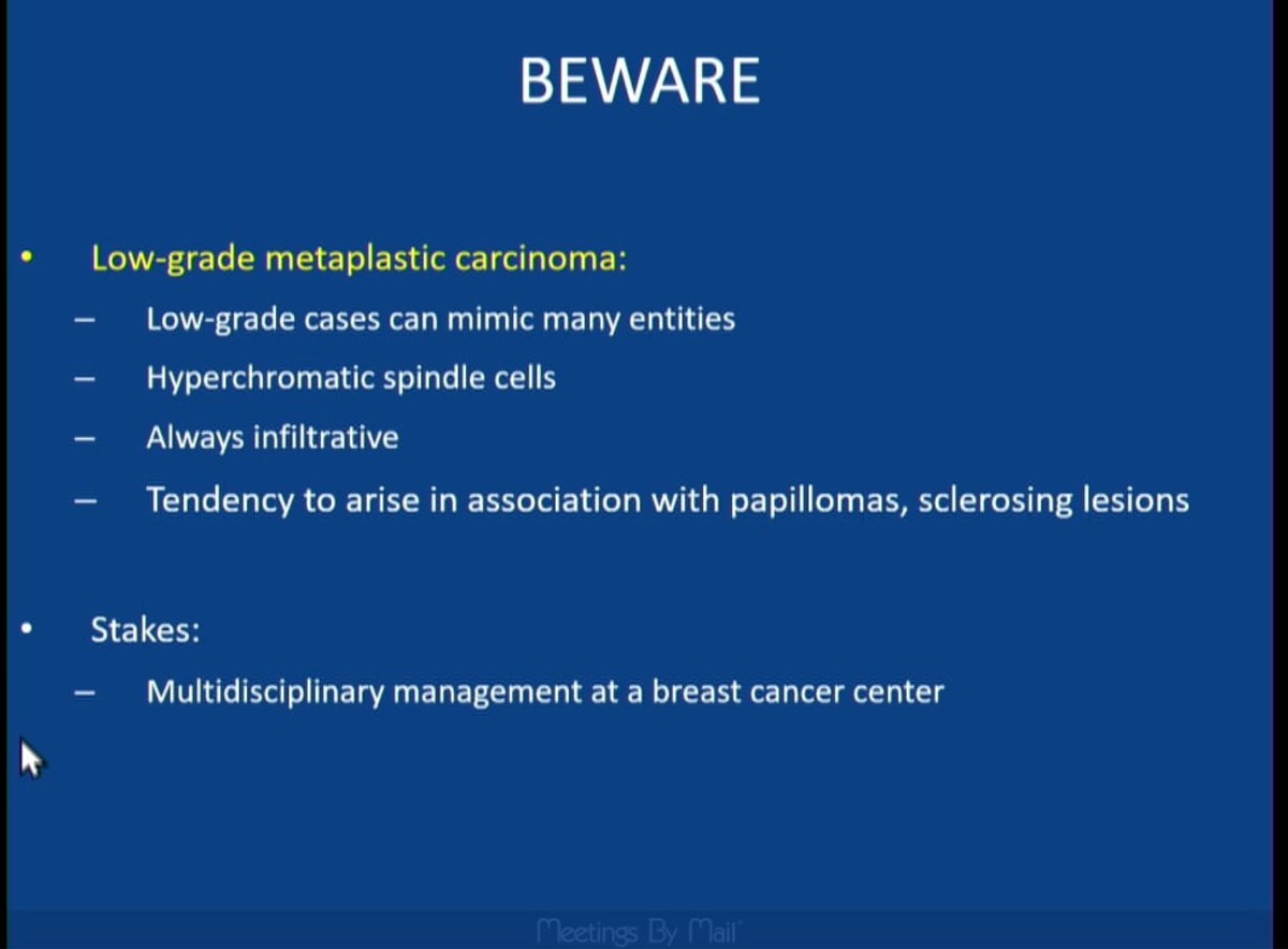 Janiranavarro's tweet photo. Low grade metaplastic carcinoma 
Beaware🛑✋
They have a tendency to arise in association with sclerosing adenosis or intraductal papilloma 

Dr Sciallis Cleveland Clinic Multispeciality Path Symposium #Breastpath #pathtwitter #PathX #pathology #PathResident #NIPPathX https://t.co/VzWngmZ7Ji