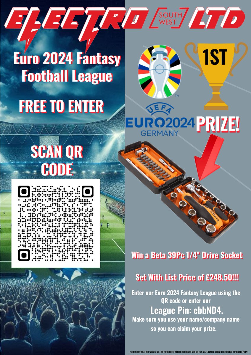 electroswltd's tweet photo. Enter our Euro 2024 Fantasy League for a chance to win a Beta 39pc Socket Set!⚽️🏆🏴󠁧󠁢󠁥󠁮󠁧󠁿
Enter at https://t.co/v2I9lFcxdU and use our pin: ebbND4 or scan below. https://t.co/NbdHPa4iHK