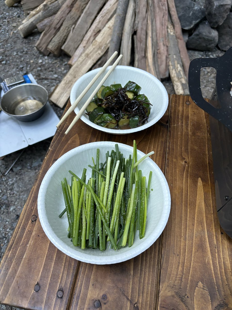 Iinecamp's tweet photo. 🏕️キャンプ飯🏕️

④〜⑦の写真撮れず💦
グルキャンで盛り上がりすぎで撮影忘れてました💦

①きゅうり＋塩昆布＋胡麻油
②ネギ胡麻油

焼きもの※プレート購入
③ヤゲン軟骨
④山芋ステーキ
⑤セセリ
⑥ししゃも
〆
⑦豚肉炊き込みご飯ご飯 https://t.co/G3bsxd4yTh
