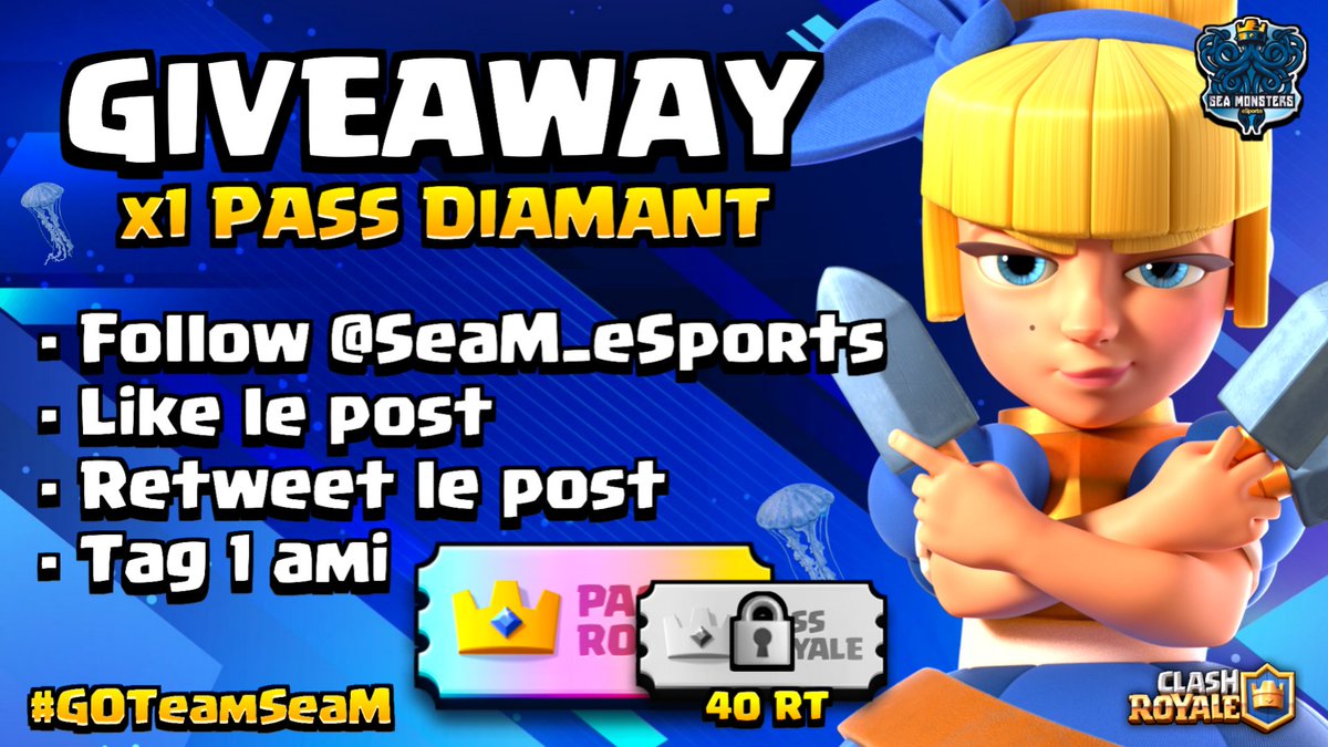 🎁GIVEAWAY🐙

Sea Monsters eSports met en place un giveaway pour gagner un Pass Diamant à chaque début de saison ! 💎

Les conditions de participation sont dans l'affiche ⬇️
🏆 A 40 retweets, nous ferons gagner un 2e Pass Diamant !

Résultat 08/06 à 22h🗓️

#GiveAway #ClashRoyale