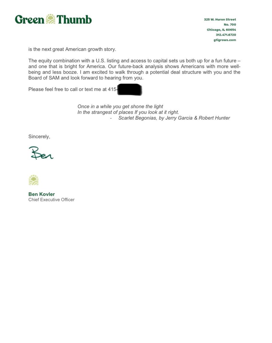 I wrote Jim Koch, legendary founder and chairman of Boston Beer $SAM, a letter on Sunday June 2 expressing that we think Green Thumb is a better buyer for SAM shareholders. 

I have received many requests, so it is attached.

Think future back vs back forward ♾️

$MSOS $GTBIF
