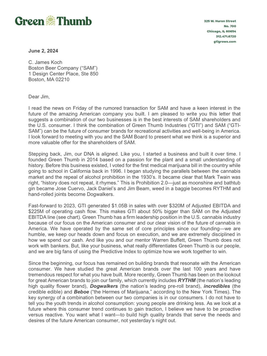 Bkov9's tweet photo. I wrote Jim Koch, legendary founder and chairman of Boston Beer $SAM, a letter on Sunday June 2 expressing that we think Green Thumb is a better buyer for SAM shareholders. 

I have received many requests, so it is attached.

Think future back vs back forward ♾️

$MSOS $GTBIF https://t.co/qz2kTFpiRO