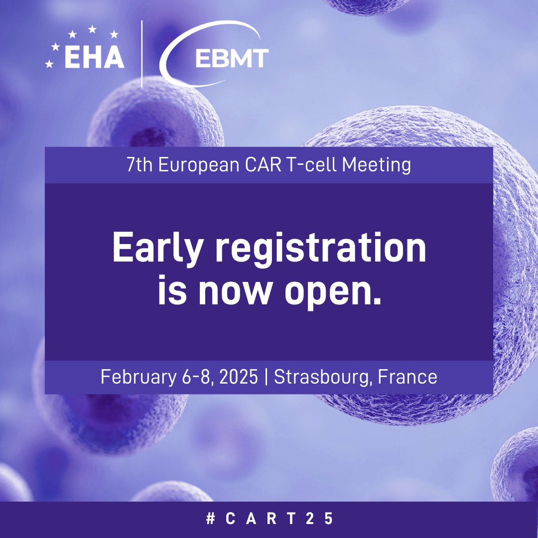 📣 Registration is open for the #EHA-<a href="/TheEBMT/">EBMT</a> 7th European CAR T-cell Meeting (#CART25). Bringing you the latest on translational, clinical, &amp; commercial development in #CART.
Register now: eha.fyi/CART25_register

Abstract &amp; case submissions will open shortly in July.
