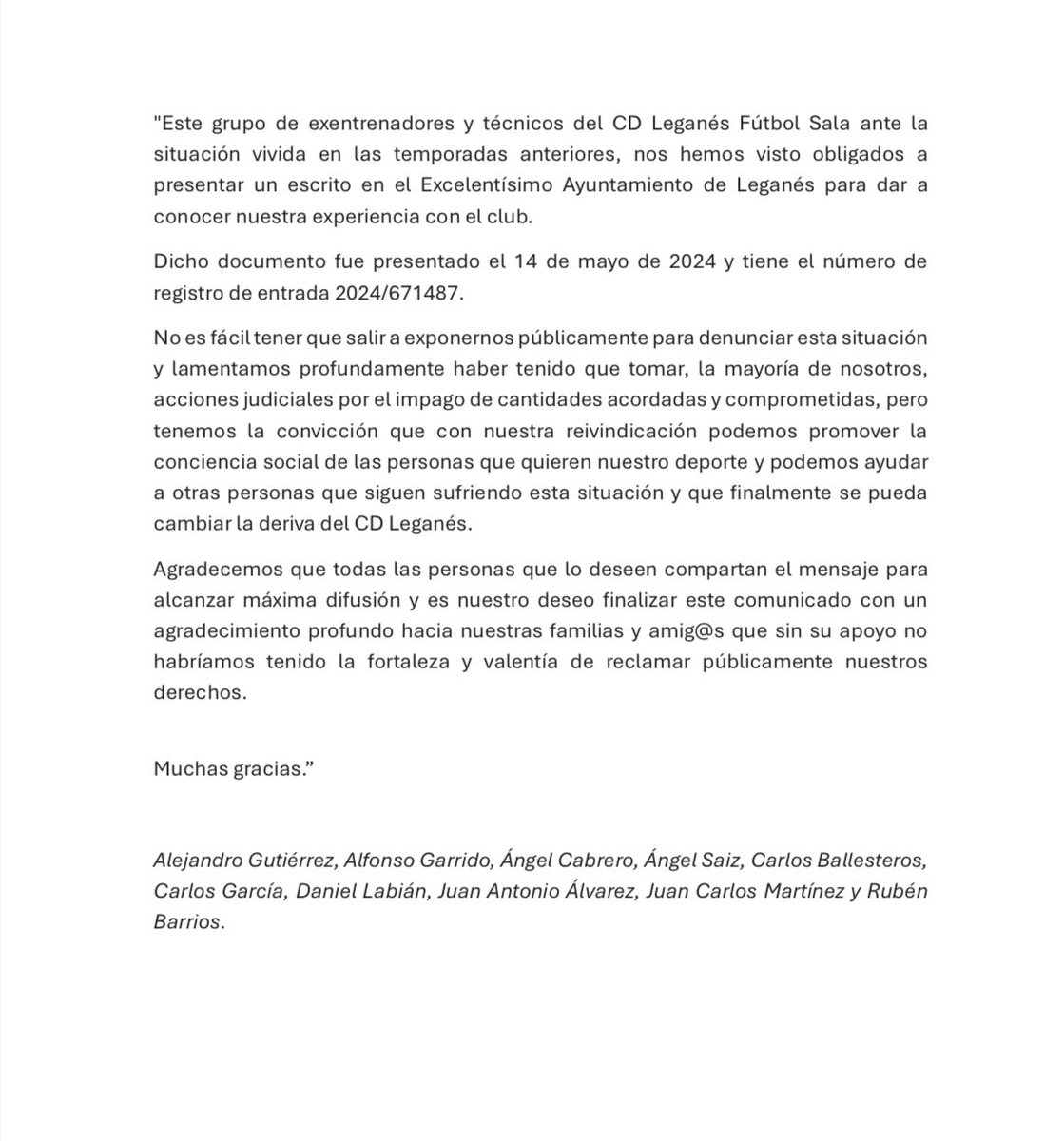 Daniel Labian (@daniellabian) on Twitter photo Comunicado Ex-Cuerpo Tecnico CD Leganes Futbol Sala: <a href="/jluhnow/">Jeff Luhnow</a> <a href="/AytoLeganes/">Ayuntamiento de Leganés</a> <a href="/suelacaramelo/">Suela Caramelo</a> <a href="/marecuencopp/">Miguel Ángel Recuenco 🇪🇦</a> <a href="/JaenenJuego/">JaenEnJuego.com</a> <a href="/CDLeganesFS_Fem/">C.D. Leganés Fútbol Sala Femenino</a> <a href="/CDLeganesFS/">C.D. Leganés Fútbol Sala</a> <a href="/CDLeganes/">C.D. Leganés</a> <a href="/psoedeleganes/">PSOE Leganés/ ❤️</a> <a href="/AJFSFemenino/">AJFSF - Asociación de Jugadoras de Fútbol Sala</a> <a href="/FutSalRFEF/">Futsal RFEF</a> <a href="/UnionporLeganes/">ULEG</a> Comunicado Ex-Cuerpo Tecnico CD Leganes Futbol Sala: <a href="/jluhnow/">Jeff Luhnow</a> <a href="/AytoLeganes/">Ayuntamiento de Leganés</a> <a href="/suelacaramelo/">Suela Caramelo</a> <a href="/marecuencopp/">Miguel Ángel Recuenco 🇪🇦</a> <a href="/JaenenJuego/">JaenEnJuego.com</a> <a href="/CDLeganesFS_Fem/">C.D. Leganés Fútbol Sala Femenino</a> <a href="/CDLeganesFS/">C.D. Leganés Fútbol Sala</a> <a href="/CDLeganes/">C.D. Leganés</a> <a href="/psoedeleganes/">PSOE Leganés/ ❤️</a> <a href="/AJFSFemenino/">AJFSF - Asociación de Jugadoras de Fútbol Sala</a> <a href="/FutSalRFEF/">Futsal RFEF</a> <a href="/UnionporLeganes/">ULEG</a>