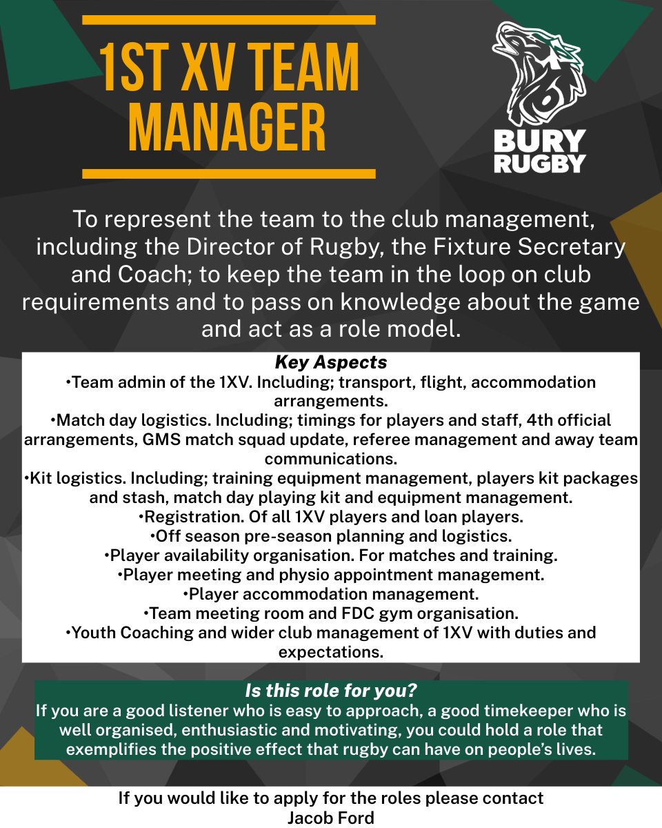 We are looking for a Men's 1st XV Team Manager to join us next season.

If you have any questions, or to apply, please contact Jacob Ford.

bserugby.co.uk/news/join-the-…