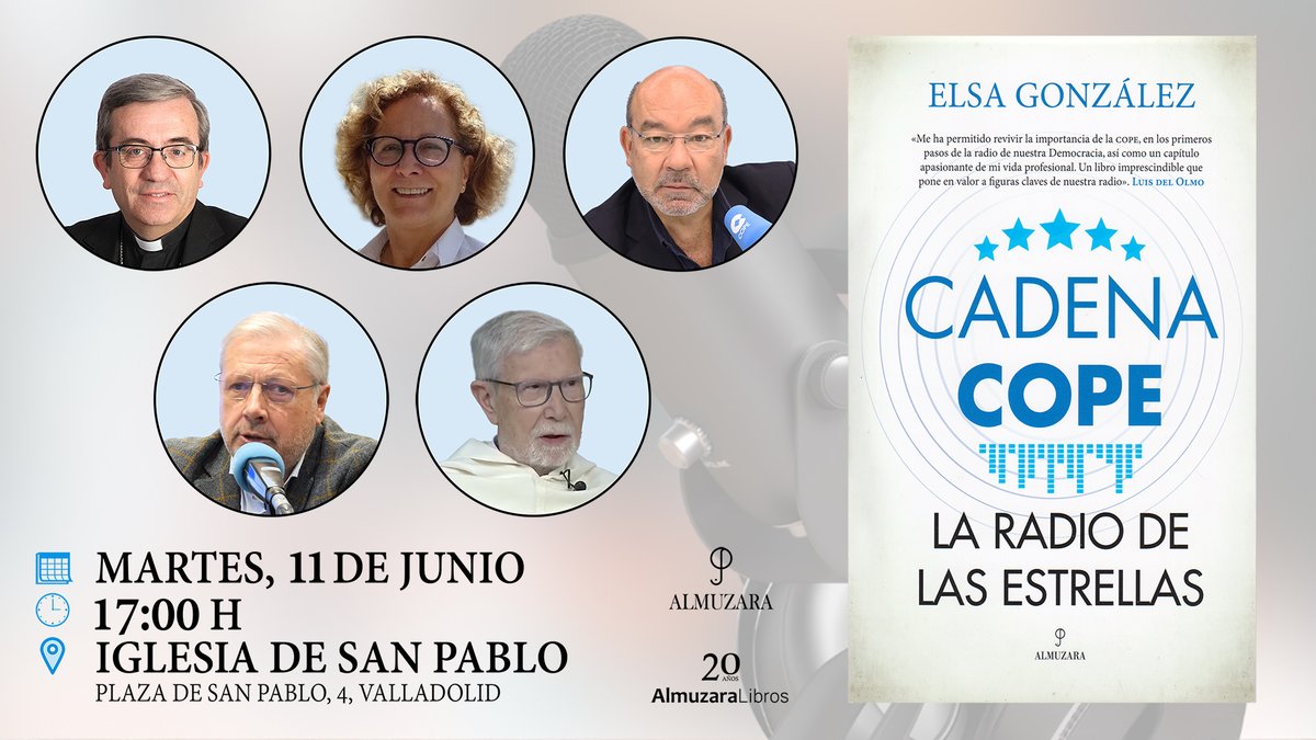 El martes 11 de junio <a href="/ElsaGlezDiaz/">Elsa González Díaz</a> rememorará al P. Gago y presentará su libro ‘Cadena <a href="/COPE/">COPE</a>. La radio de las estrellas’, de <a href="/AlmuzaraLibros/">Almuzaralibros</a>. Con:
- <a href="/MonsArguello/">Mons. Luis Argüello</a>
- Ángel <a href="/ExpositoCOPE/">Ángel Expósito</a>
- Luis <a href="/ljaramillocope/">luis jaramillo</a>
- Fr. Salustiano Mateos, O.P.
📍 17h en San Pablo, la casa del P. Gago.