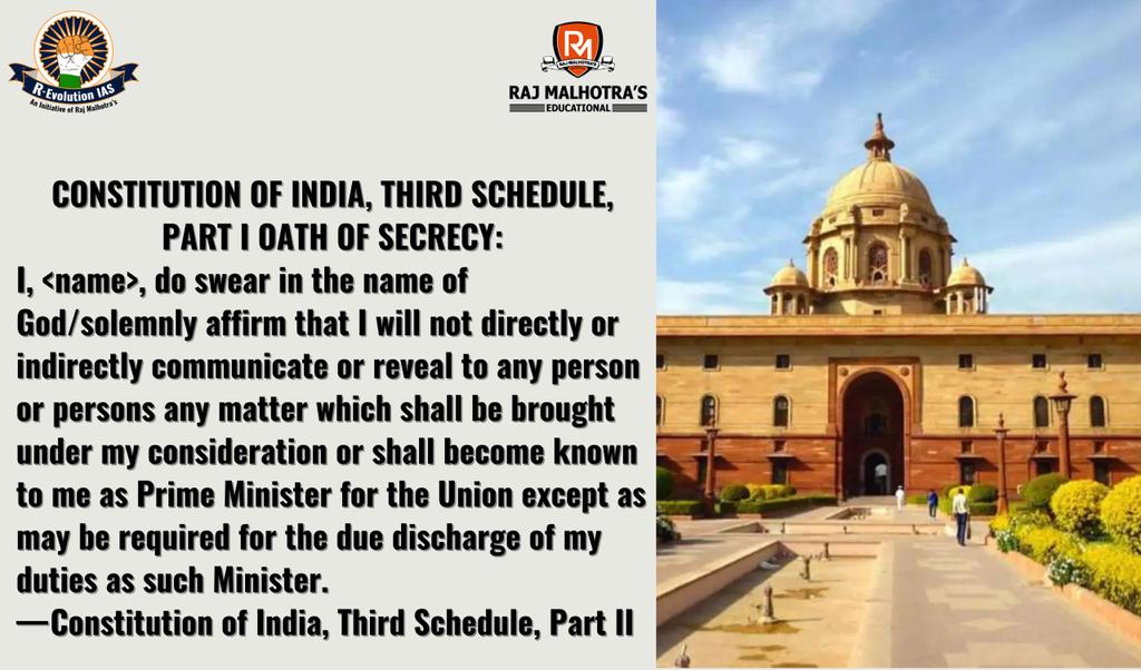 Rajmalhotrachd's tweet image. 🚨 #UPSC #CivilServices Aspirants, this is an important read that covers the #oath of office and secrecy administered  to the #PrimeMinister of #India 🇮🇳 @PMOIndia #Schedule3 and its significance in the Indian #Parliamentary system. 

This 🧵 is an invaluable resource for both