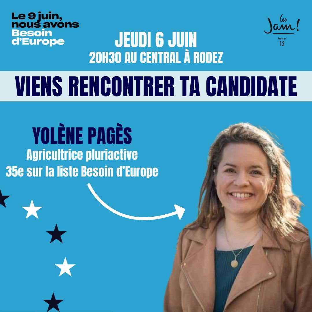 ➡️ Viens rencontrer ta candidate aveyronnaise !

Rendez-vous ce jeudi 6 juin, 20h30 au Central à Rodez pour échanger avec @yolenepages, candidate de la liste @besoindeurope 🇪🇺

Pour t’éclairer sur les sujets européens et pour découvrir notre candidate ! ✨