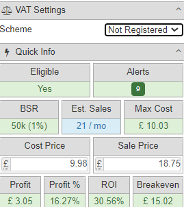 CompoundingFBA's tweet image. But as per August, the non-VAT registered seller will have to select in Selleramp SAS the ‘Not Registered’ VAT scheme and VAT will be calculated on all Amazon fees.

£3.05 profit and 30.5% ROI