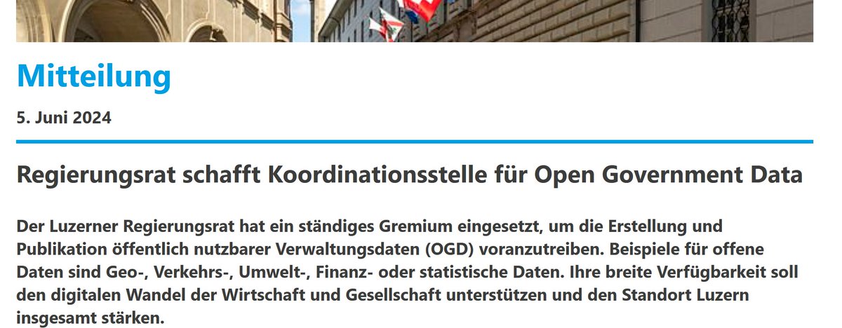 Rahel Estermann (@rahel_estermann) on Twitter photo Eilig hat es der <a href="/KantonLuzern/">Kanton Luzern</a> nicht, aber es trübt meine Freude nicht: 5.5 Jahre nach meinem Vorstoss für #opengovernmentdata #ogd gibt's endlich eine Stelle, die pusht & Expertise schafft. 💪
Freue mich auf eure Arbeit für freie Daten <a href="/LustatLuzern/">LUSTAT Statistik Luzern</a> & Co.
news.lu.ch/html_mail.jsp?… Eilig hat es der <a href="/KantonLuzern/">Kanton Luzern</a> nicht, aber es trübt meine Freude nicht: 5.5 Jahre nach meinem Vorstoss für #opengovernmentdata #ogd gibt's endlich eine Stelle, die pusht & Expertise schafft. 💪
Freue mich auf eure Arbeit für freie Daten <a href="/LustatLuzern/">LUSTAT Statistik Luzern</a> & Co.
news.lu.ch/html_mail.jsp?…