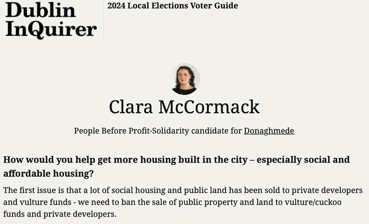 DonaghmedePBP's tweet photo. Check out what Clara stands for in Local Election 2024 

8 @DublinInquirer questions answered by your People Before Profit candidate in Donaghmede for Dublin City Council

🎙️Interview: https://t.co/O2P17QXhxj

🗳️Vote Clara McCormack &amp; PBP  No.1 on Friday 7th 1⃣

#locals #dublin https://t.co/Qps4nB4Y0b