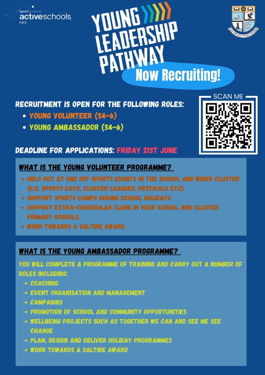 🚨 Recruitment now open! 🚨

Active Schools are now recruiting for the following roles at Viewforth ⬇️

🟠 Young Volunteers (S4-6)
🟢 Young Ambassadors (S4-6)

Apply at the following link ➡️ forms.office.com/e/L4sTKMUvTy

Further information can be found below 
⬇️⬇️⬇️