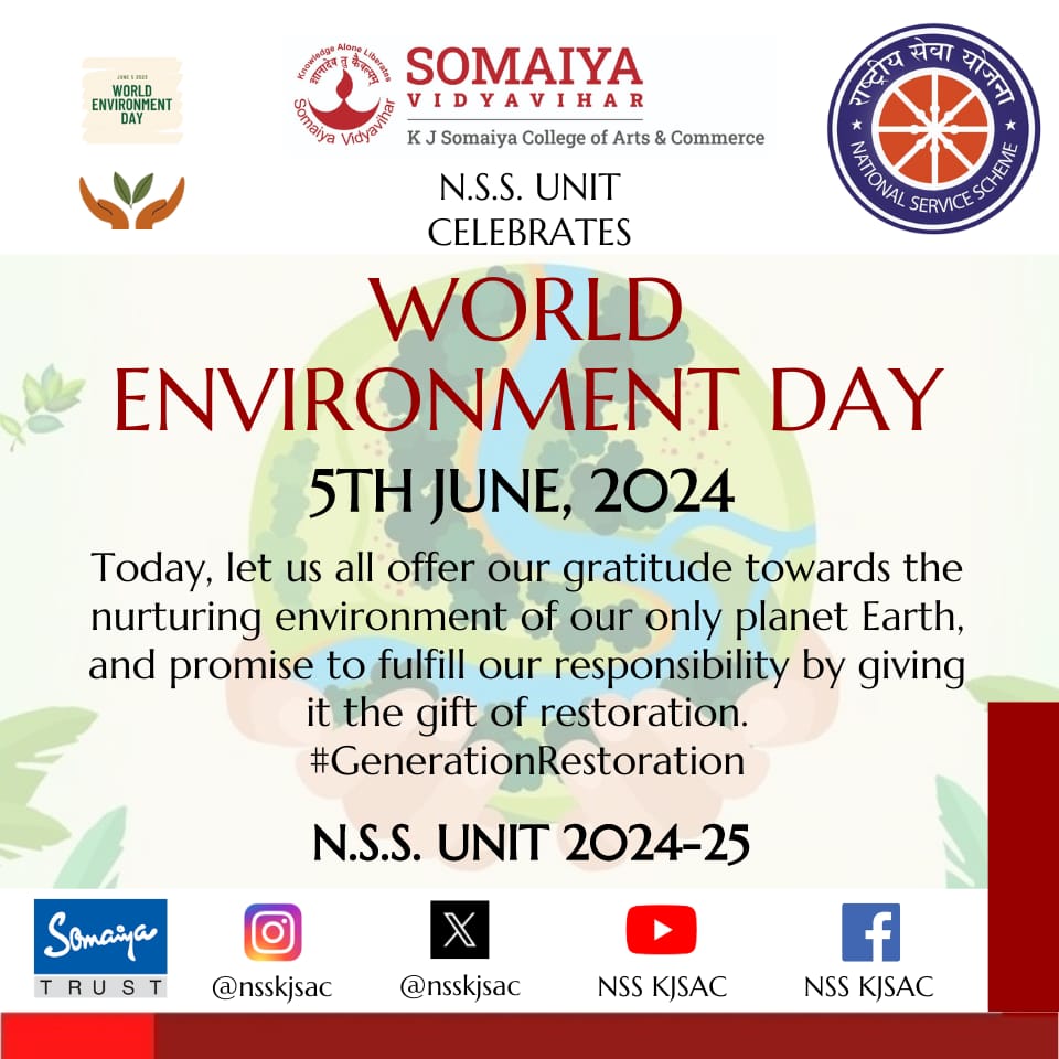 nsskjsac's tweet photo. The N.S.S. Unit of KJSAC celebrates World Environment Day.

Let us celebrate by taking pride in having a more sustainable and ecological environment.  A small step today affirms a brighter tomorrow.

#WorldEnvironmentDay‌
 #मेरी_माटी_मेरा_द��श 
#GenerationRestoration #NSSKJSAC https://t.co/lzaxTgOFEt