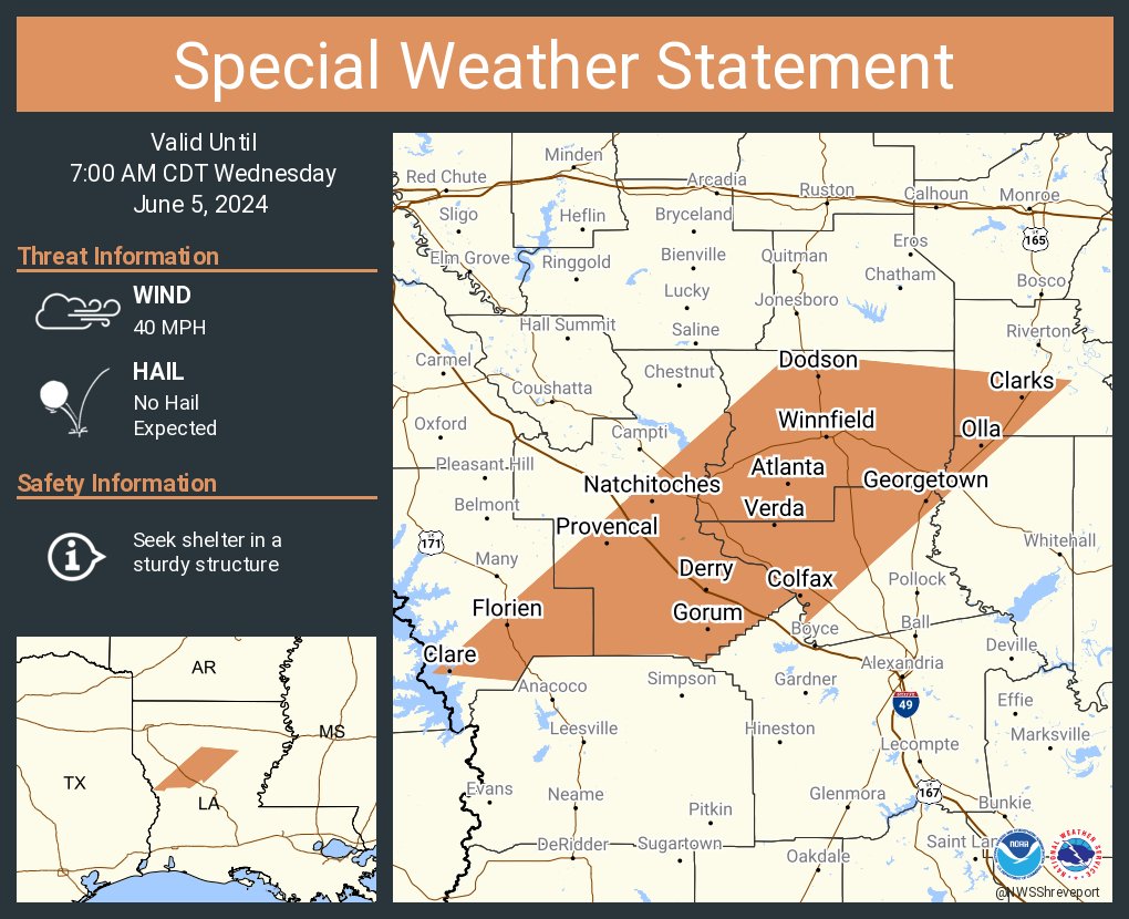 A special weather statement has been issued for Natchitoches LA, Winnfield LA and Colfax LA until 7:00 AM CDT