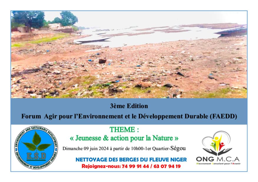 ESD_association's tweet photo. Forum #FAEDD, 3e édition 
Activité 2 : Nettoyage des berges du Fleuve Niger 
Lieu : Dimanche 09 juin 2024 de 08H00 - 12H00 - Ségou 
#ForNature #Belgiumambassy #belgique #EU #Mali #jeunesse #climatechange #climatactionAssociation
@BelgiumMFA
@EUEnvironment
@EUC #climateAction https://t.co/YKK6myrgcU