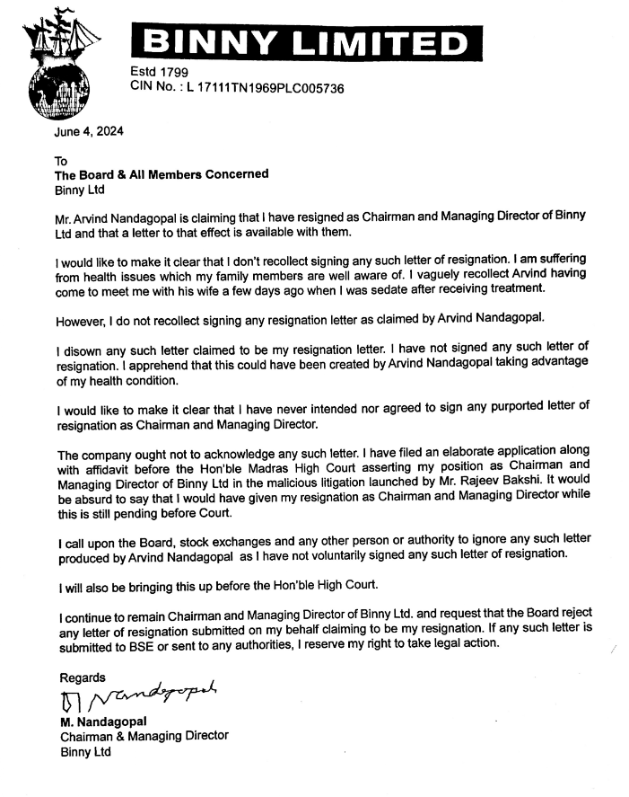 regulation30's tweet photo. Allegedly, Binny Ltd MD's son tried to obtain father's signature to resign as MD while he was sedated, and then 'hacked' the  company's BSE logins to make the resignation filing. Now daddy fights back.

Hmm, where have we seen this before... https://t.co/5sRJUv80eP