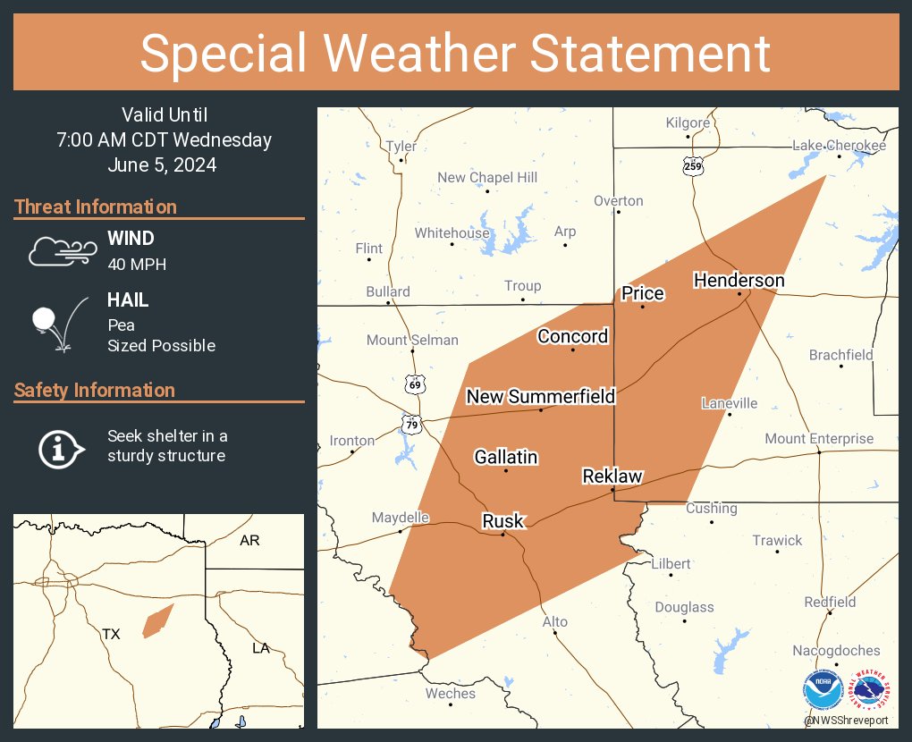 A special weather statement has been issued for Henderson TX, Rusk TX and New Summerfield TX until 7:00 AM CDT