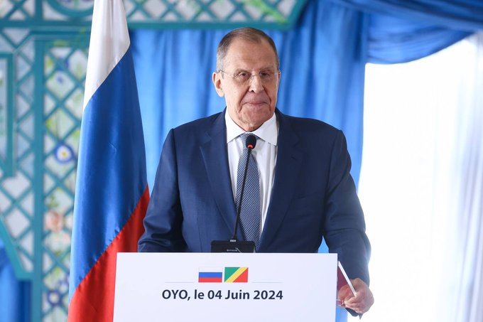 Russian Foreign Minister Sergey Lavrov speaks at a joint news conference with Minister of Foreign Affairs, Francophonie and Congolese Abroad of the Republic of the Congo Jean-Claude Gakosso following talks, Oyo, June 4, 2024.