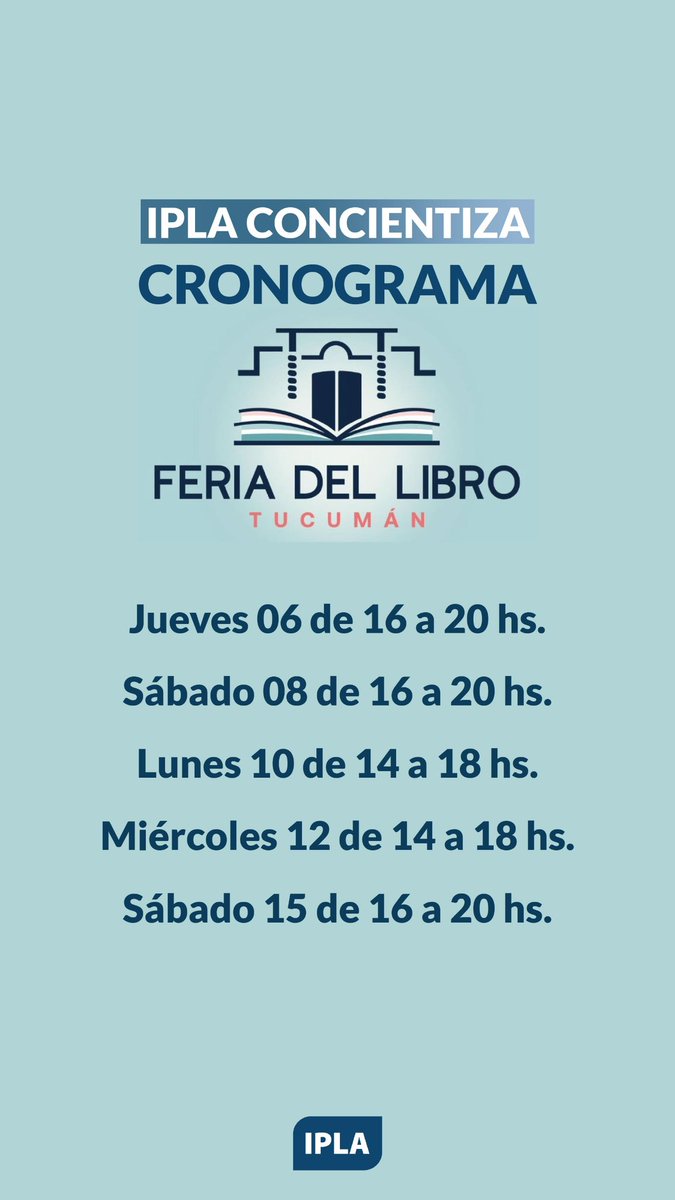 El @iplatucuman estará presente en la Feria del Libro de Tucumán 📚

Acercate a nuestro stand para conocer los programas que tenemos para la lucha contra el alcoholismo en toda la provincia. Además habrá propuestas lúdicas para toda la familia.

📍inicia jueves 6 de junio